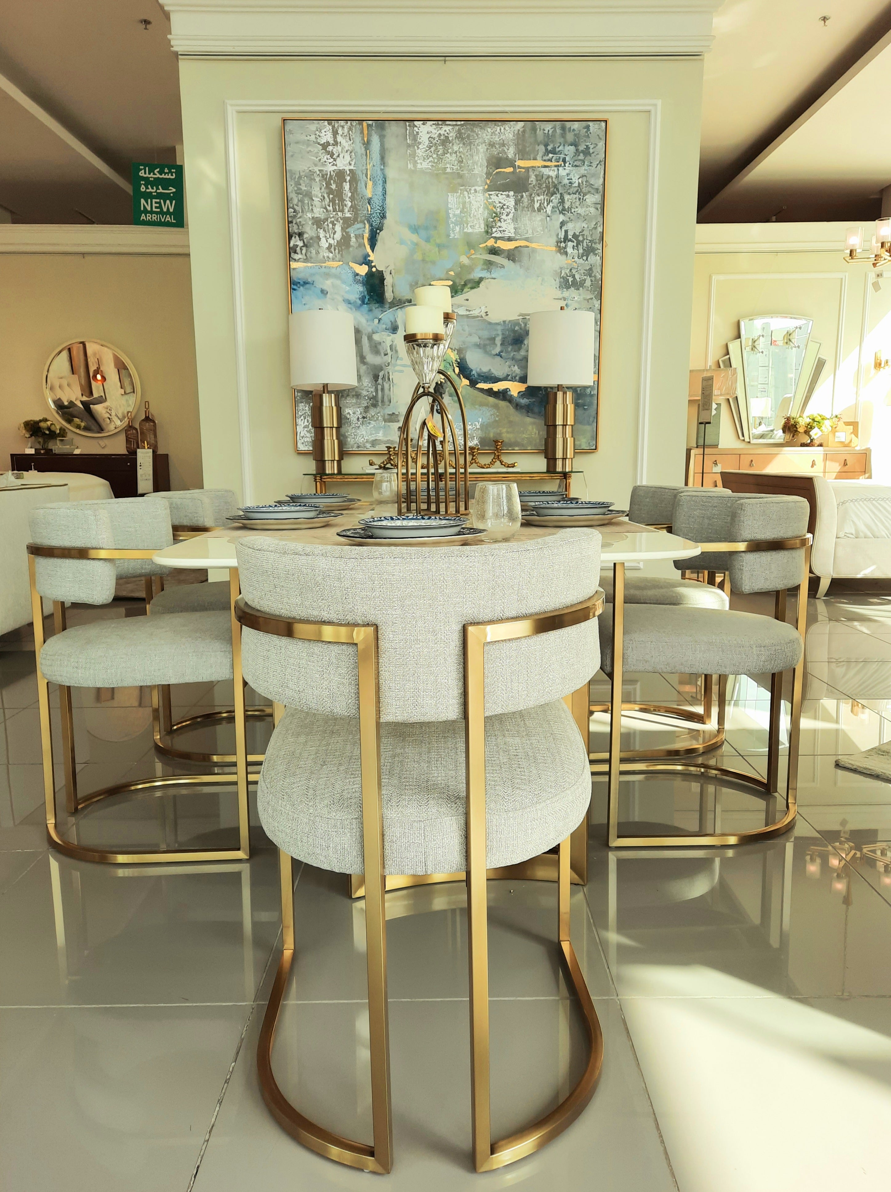 Alexa Dining Table Gold Base and 200 CM White Marble 6 Person