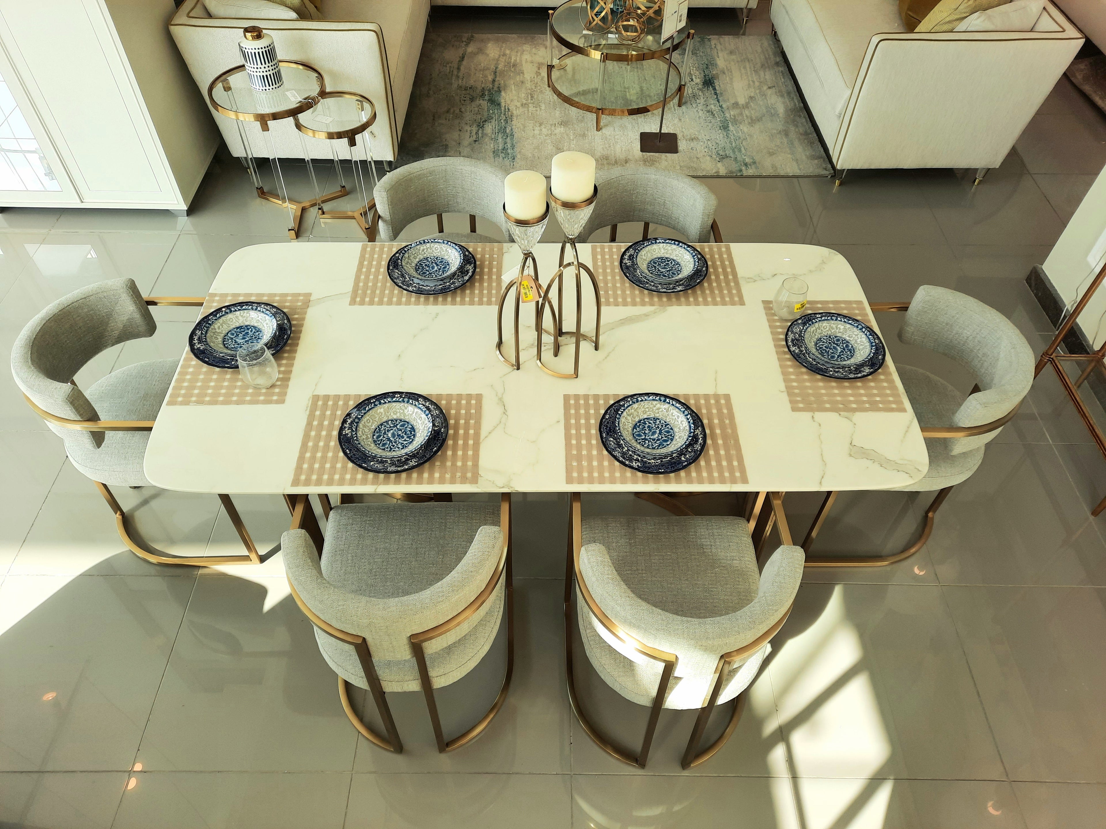 Alexa Dining Table Gold Base and 200 CM White Marble 6 Person