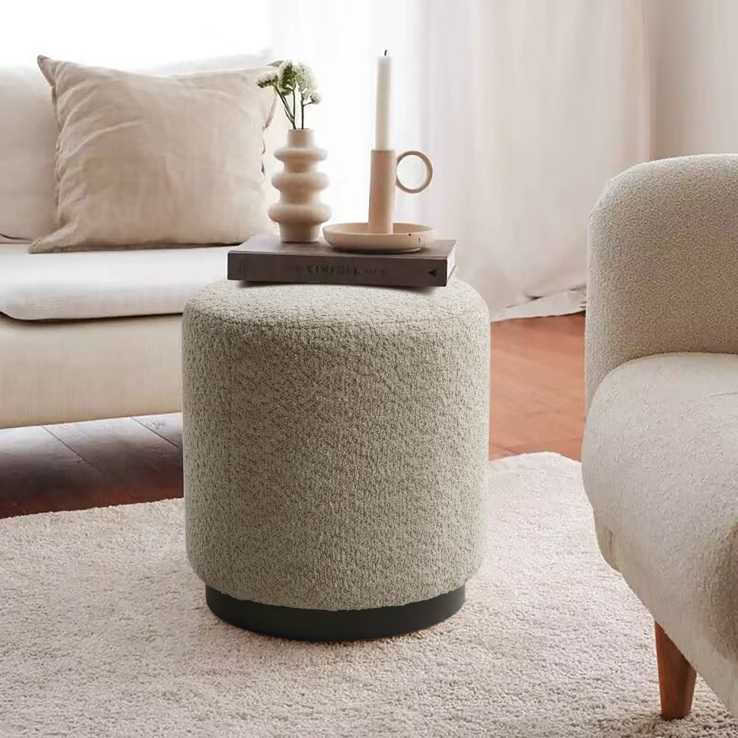 Cream Boucle Ottoman W40Xh45Cm