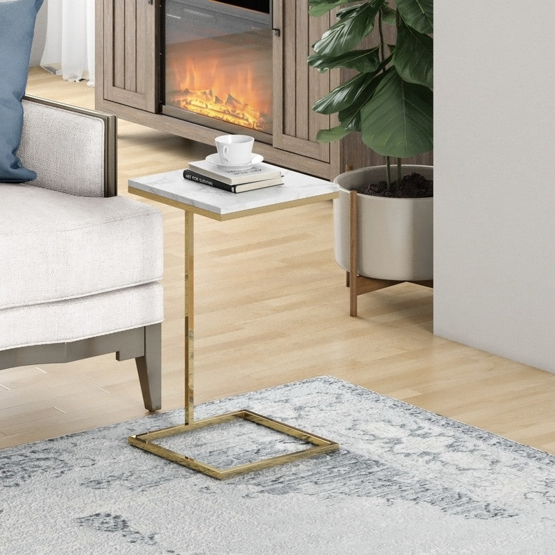 14Inch Shiny Gold Martini Square Table With Carrara Marble