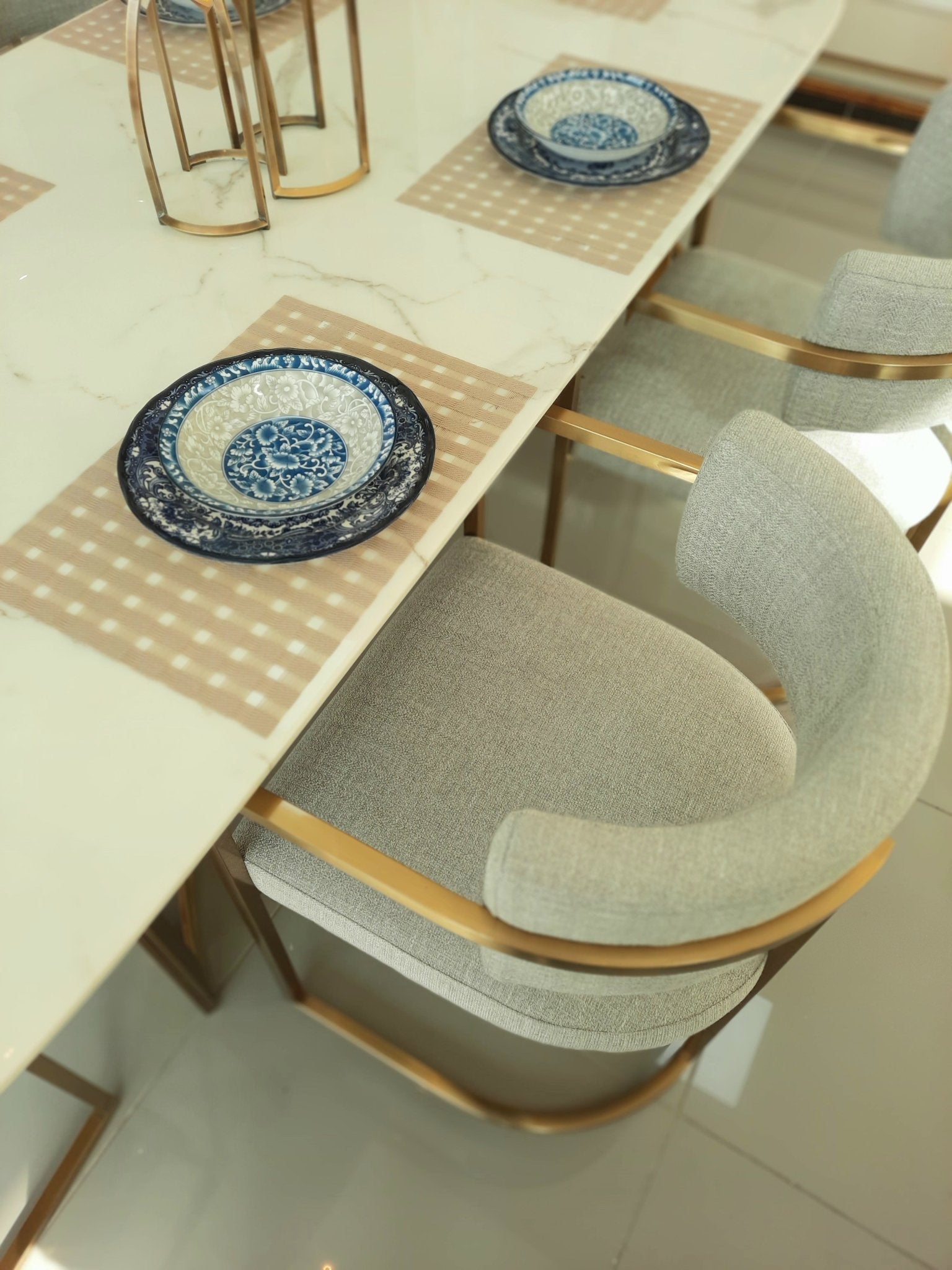 Alexa Dining Table Gold Base and 200 CM White Marble 6 Person