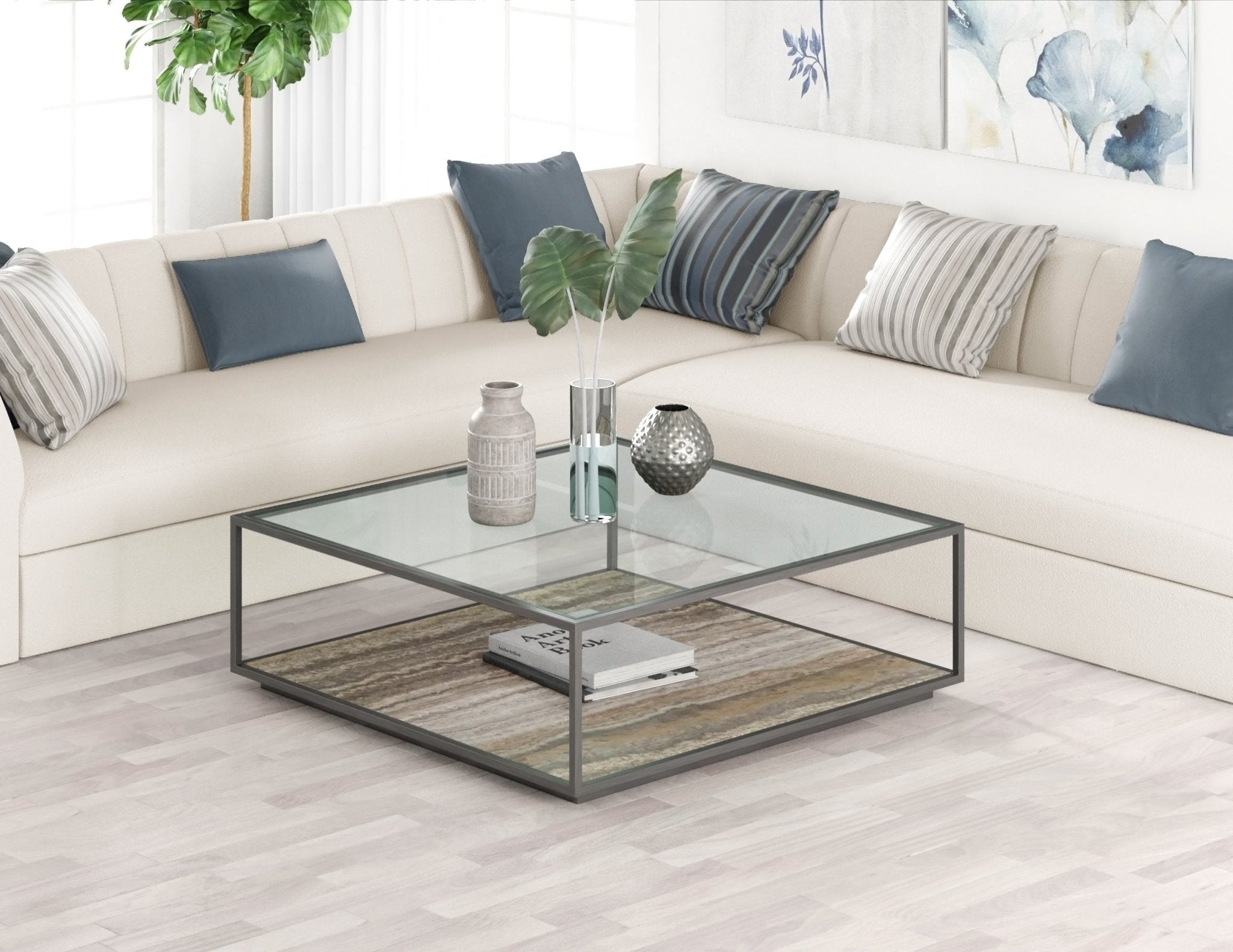 Amerah REC COFFEE TABLE - Gray Travertine Grey Finish