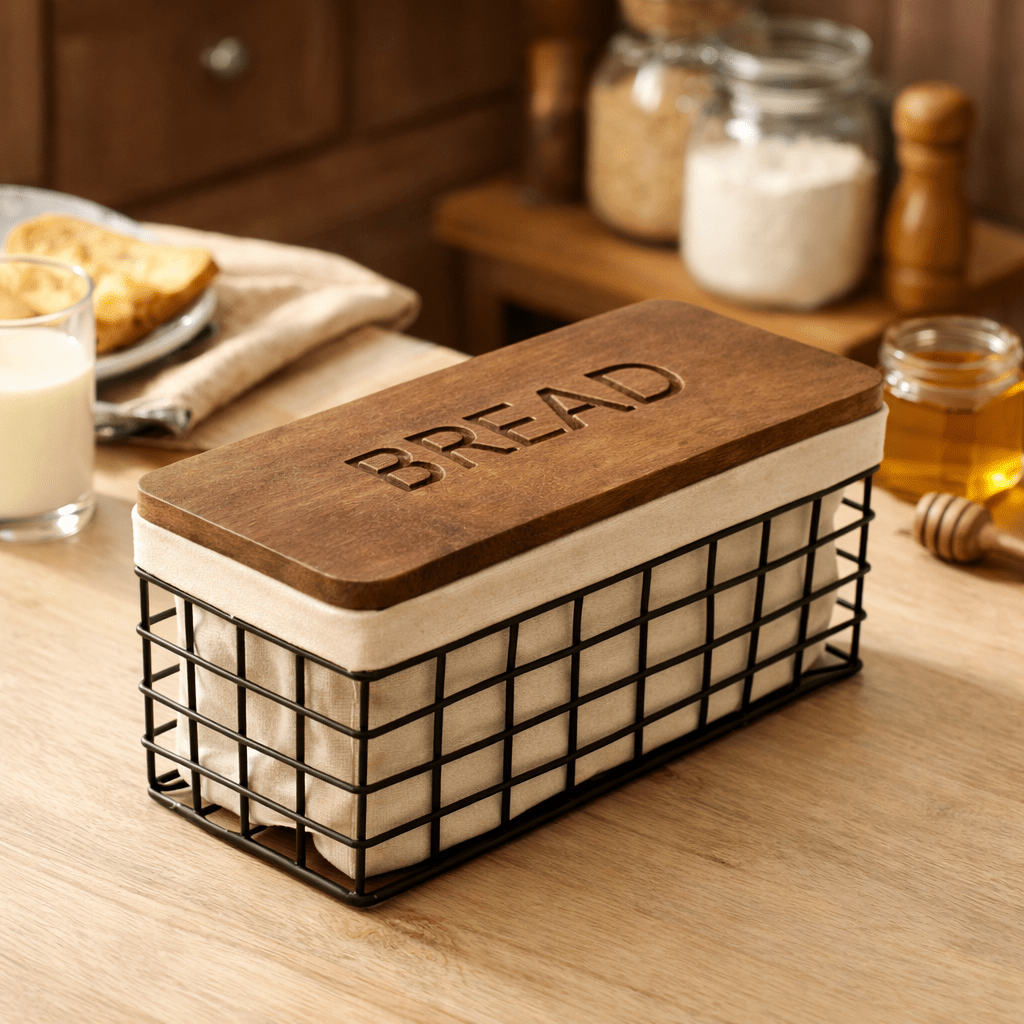 Charcoal Brown Twine Wire Bread Box with Fabric and Lid