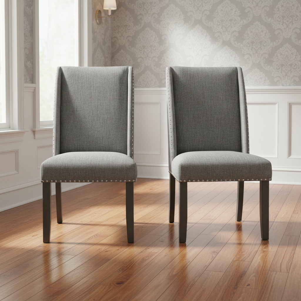 Everdeen Side Chair w/ Grey Fabric and Nail Heads in Charcoal (2 Per Carton)