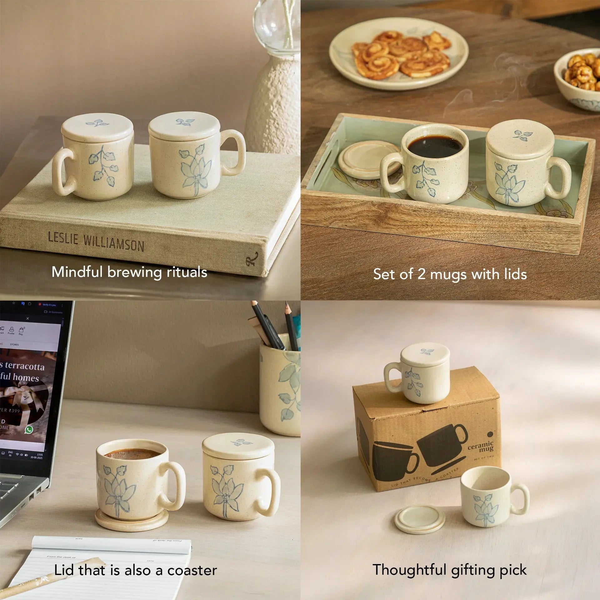 Fiore Ceramic Mug Set of Two with Lid