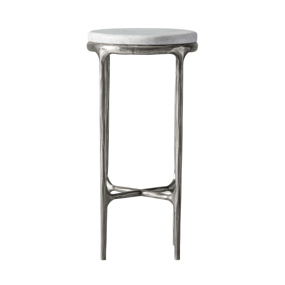 Round Silver Accent Table with Marble Top