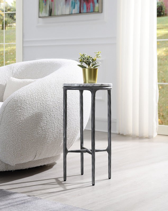 Round Silver Accent Table with Marble Top