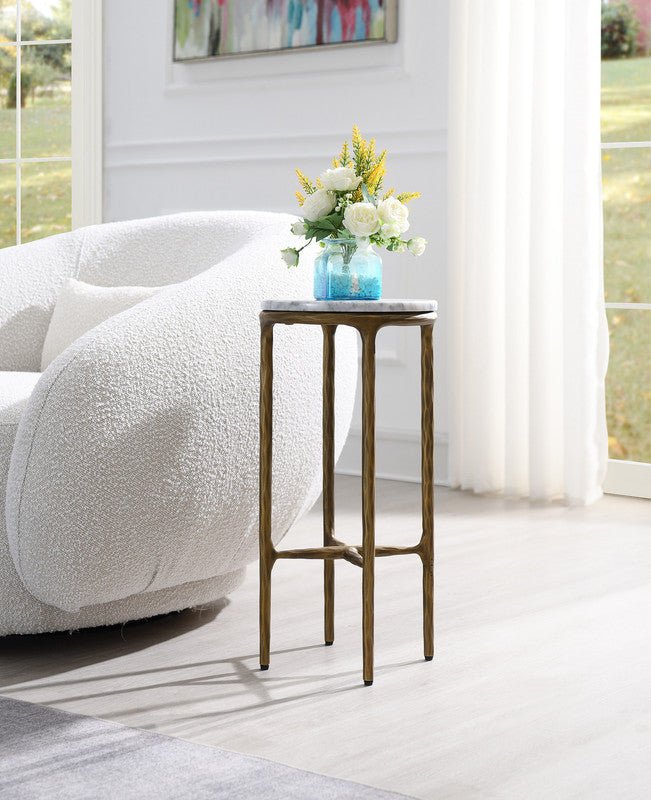 Round Silver Accent Table with Marble Top