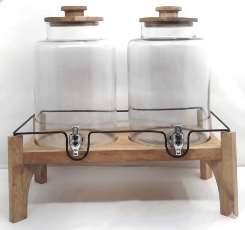 Set of 2 Glass Dispenser with Wooden stand .
