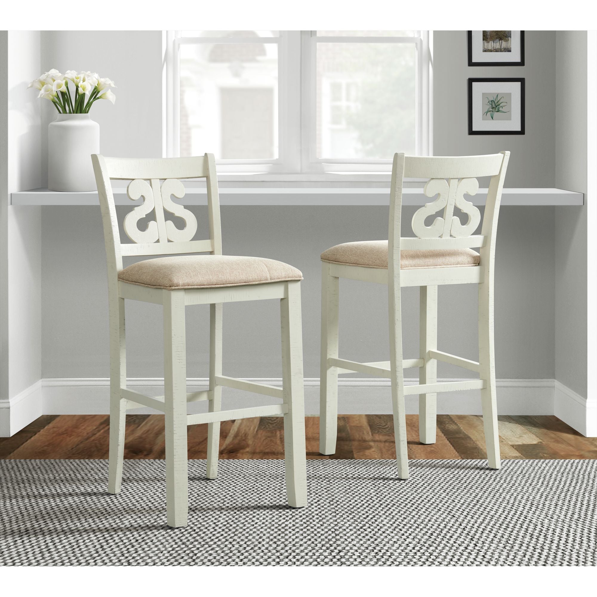 Stone 30in Bar Scroll Back Stool w/Fabric Seat in White (2 Per Carton)