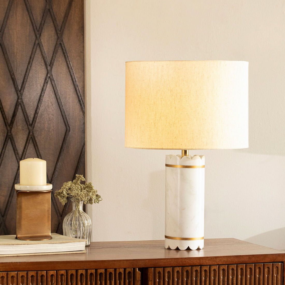Marble Lamp Brass Inlay W/Shade