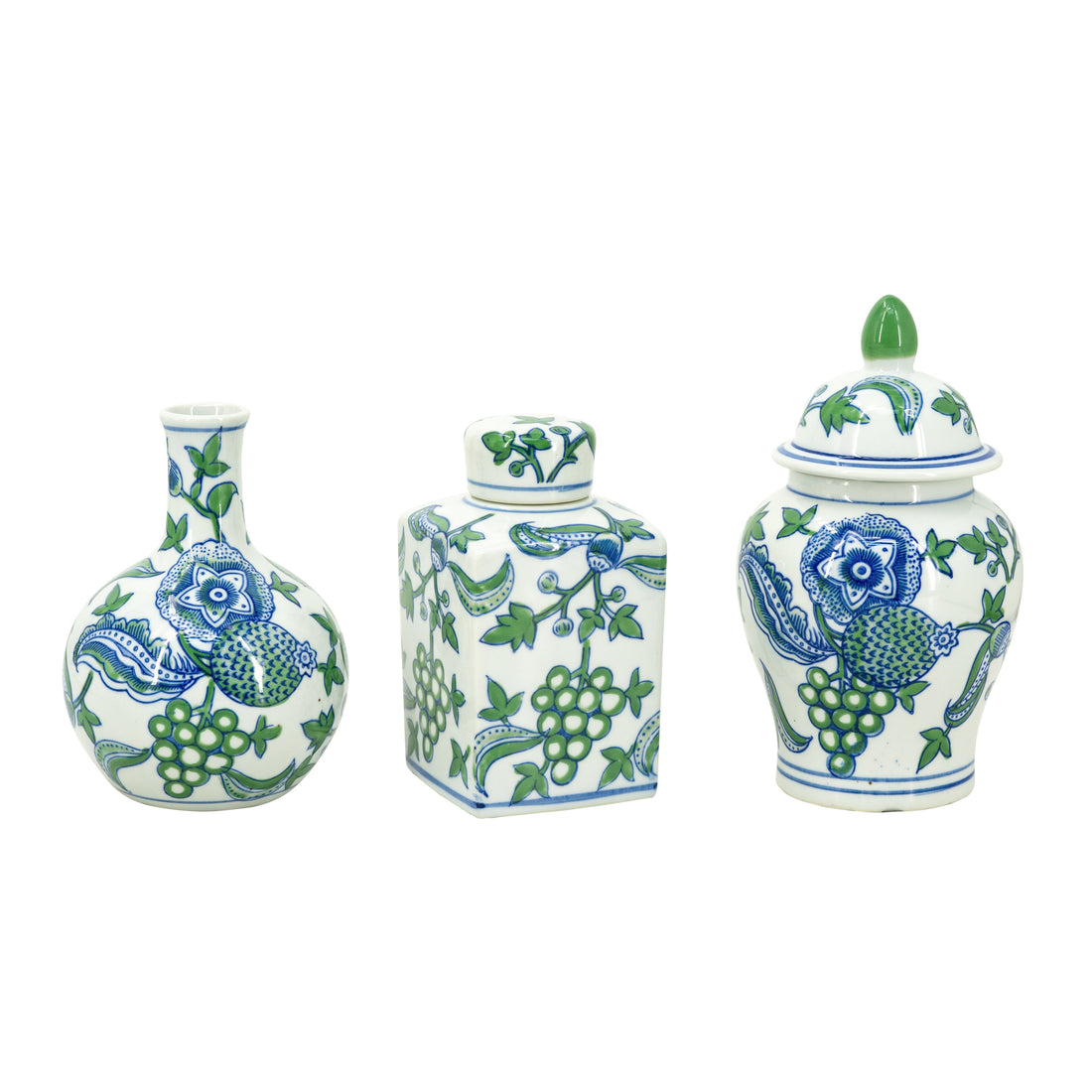 S/3 Porcelain Blue And White Cherry Blossom Lidded Jar &amp; Vase