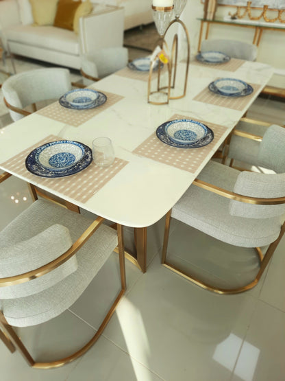 Alexa Dining Table Gold Base and 200 CM White Marble 6 Person