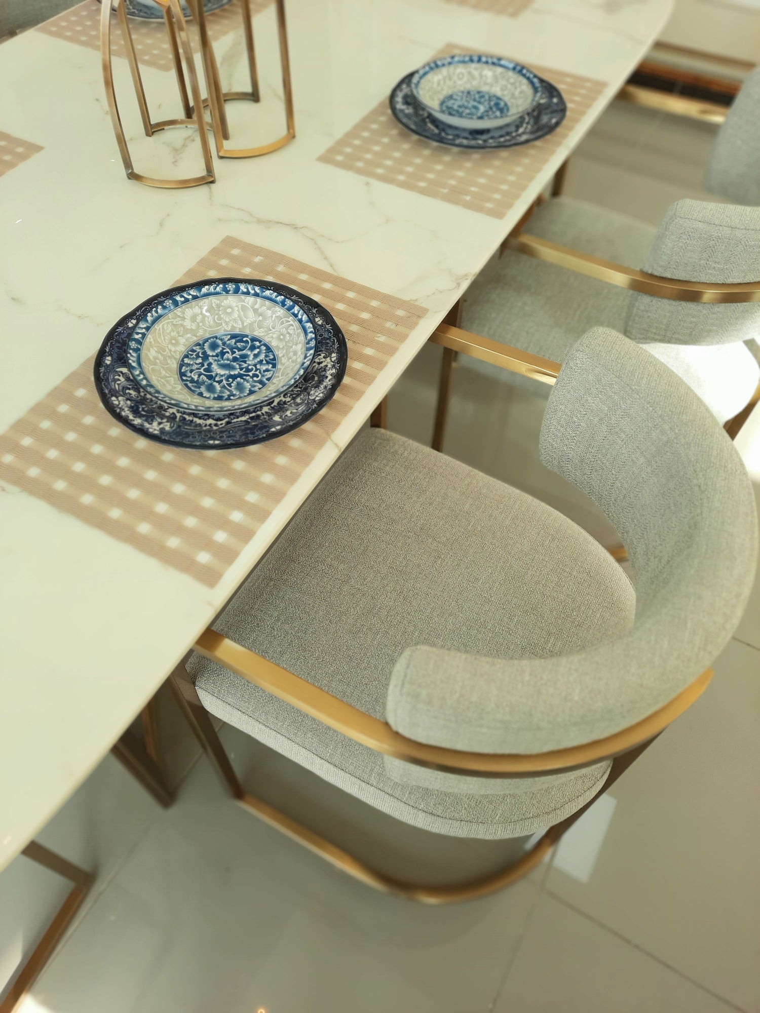 Alexa Dining Table Gold Base and 200 CM White Marble 6 Person