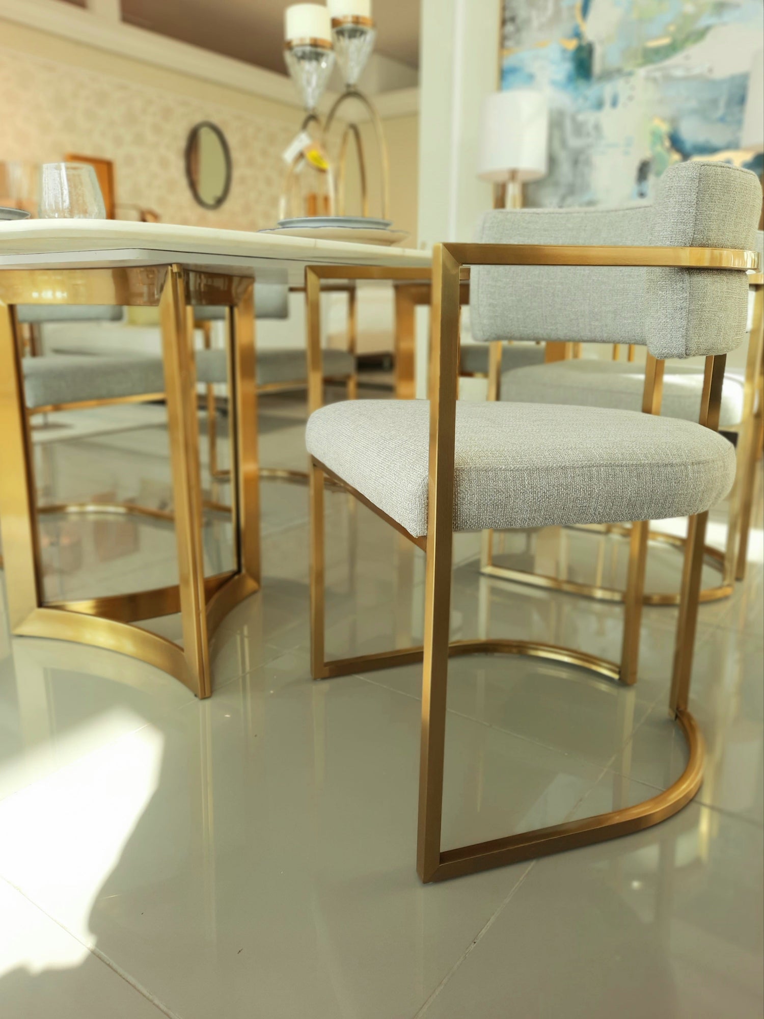 Alexa Dining Table Gold Base and 200 CM White Marble 6 Person