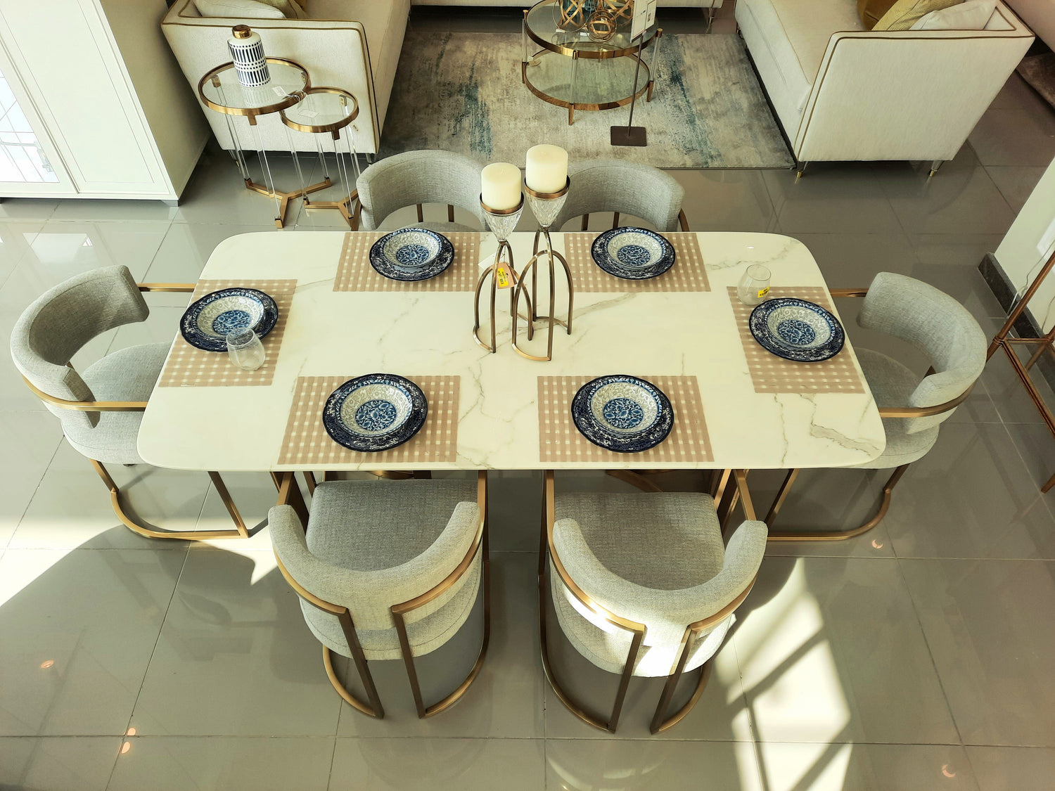 Alexa Dining Table Gold Base and 200 CM White Marble 6 Person