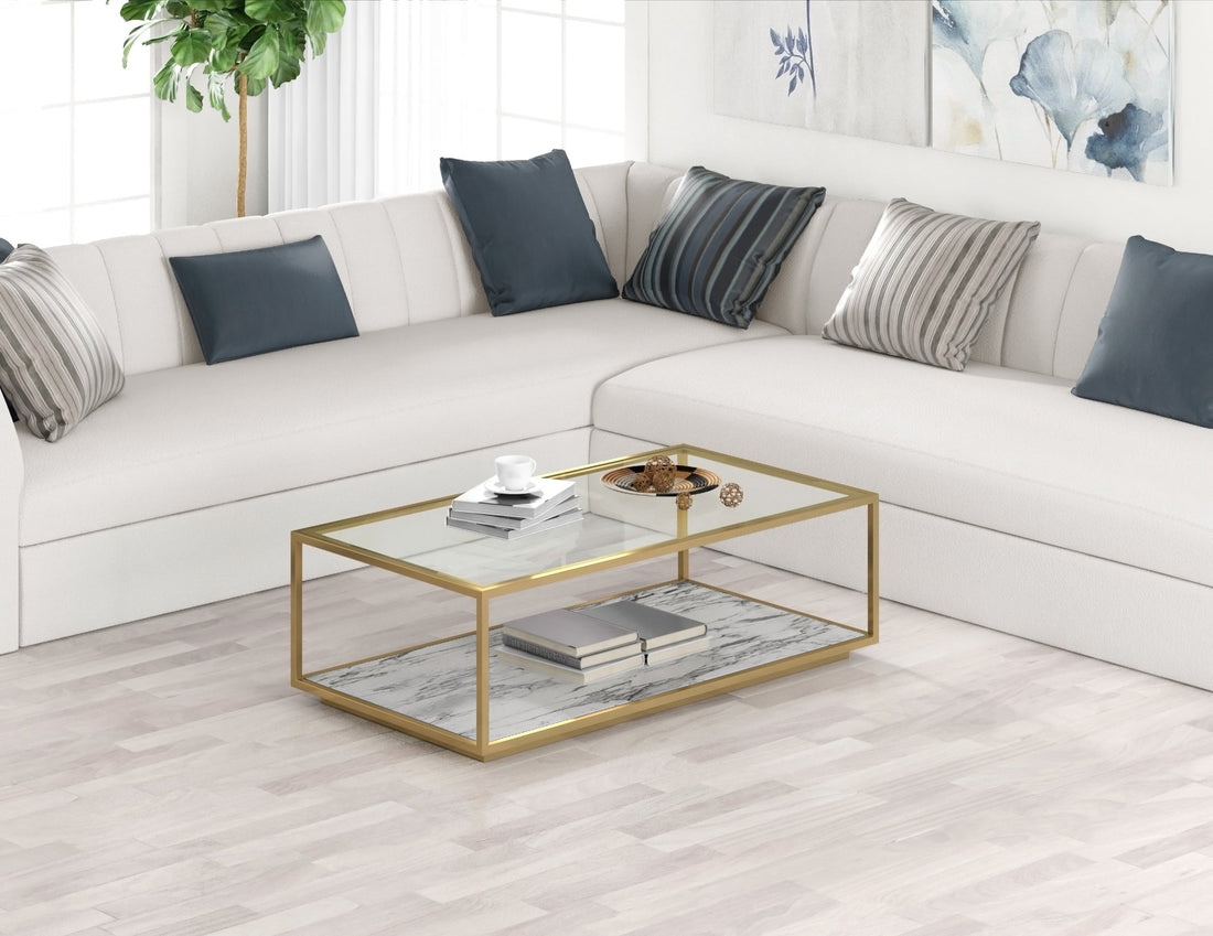 Amerah REC COFFEE TABLE - White Arabescato Gold Finish