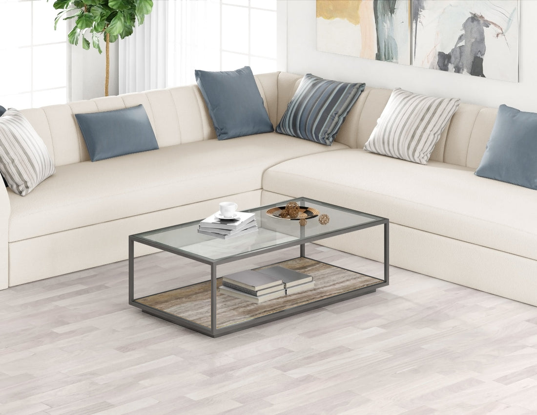 Amerah REC COFFEE TABLE - Gray Travertine Grey Finish