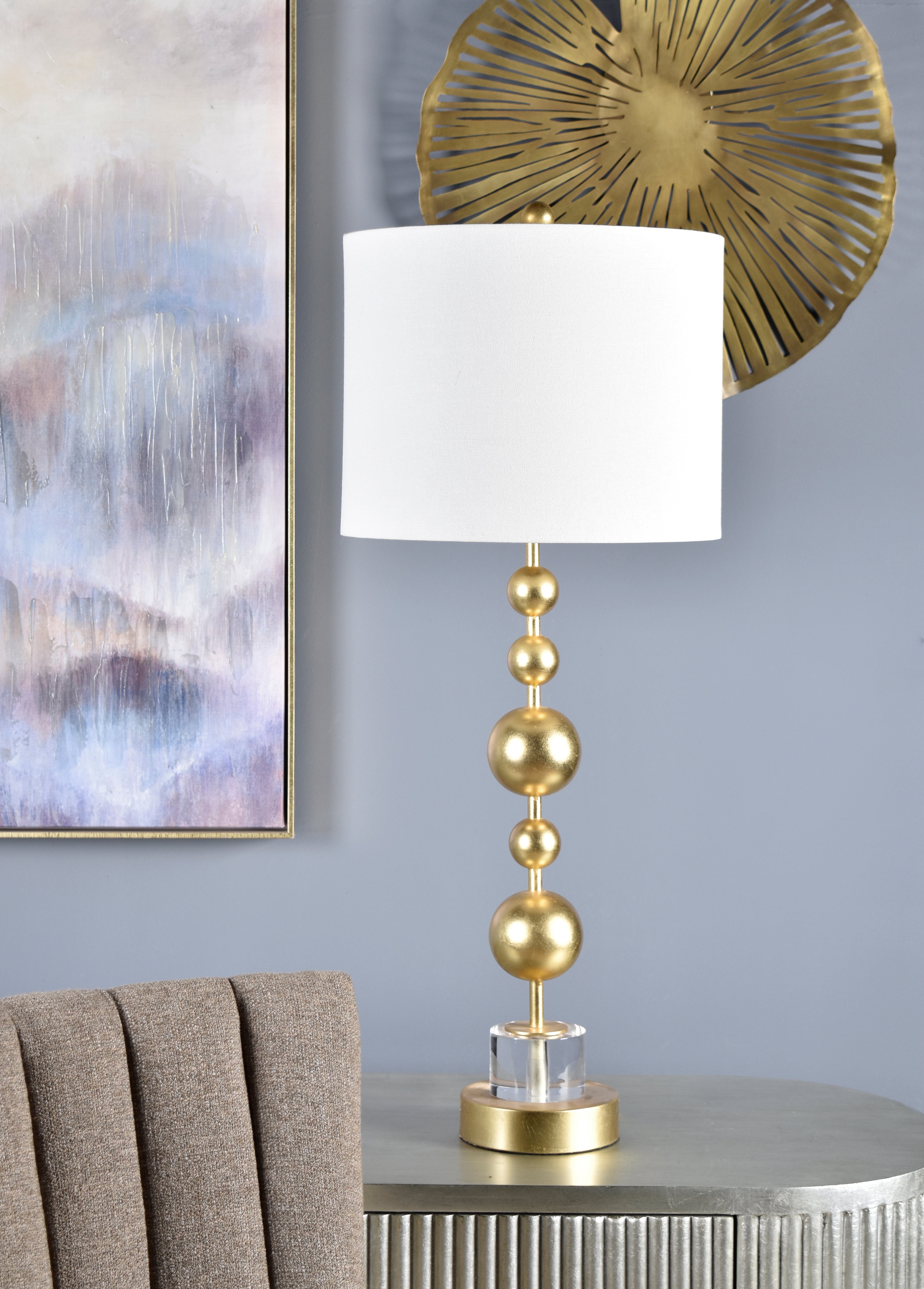34&quot; HT TABLE LAMP. 14&quot;X14&quot;X11&quot; SHADE;Gold Foil finish with c