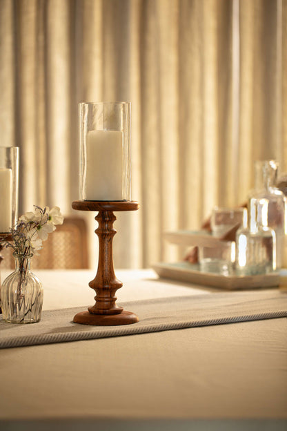 Glass &amp; Wood Pedestal Hurricane Large