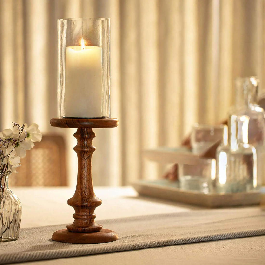 Glass &amp; Wood Pedestal Hurricane Large