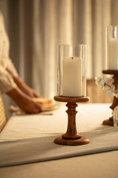 Glass &amp; Wood Pedestal Hurricane Small