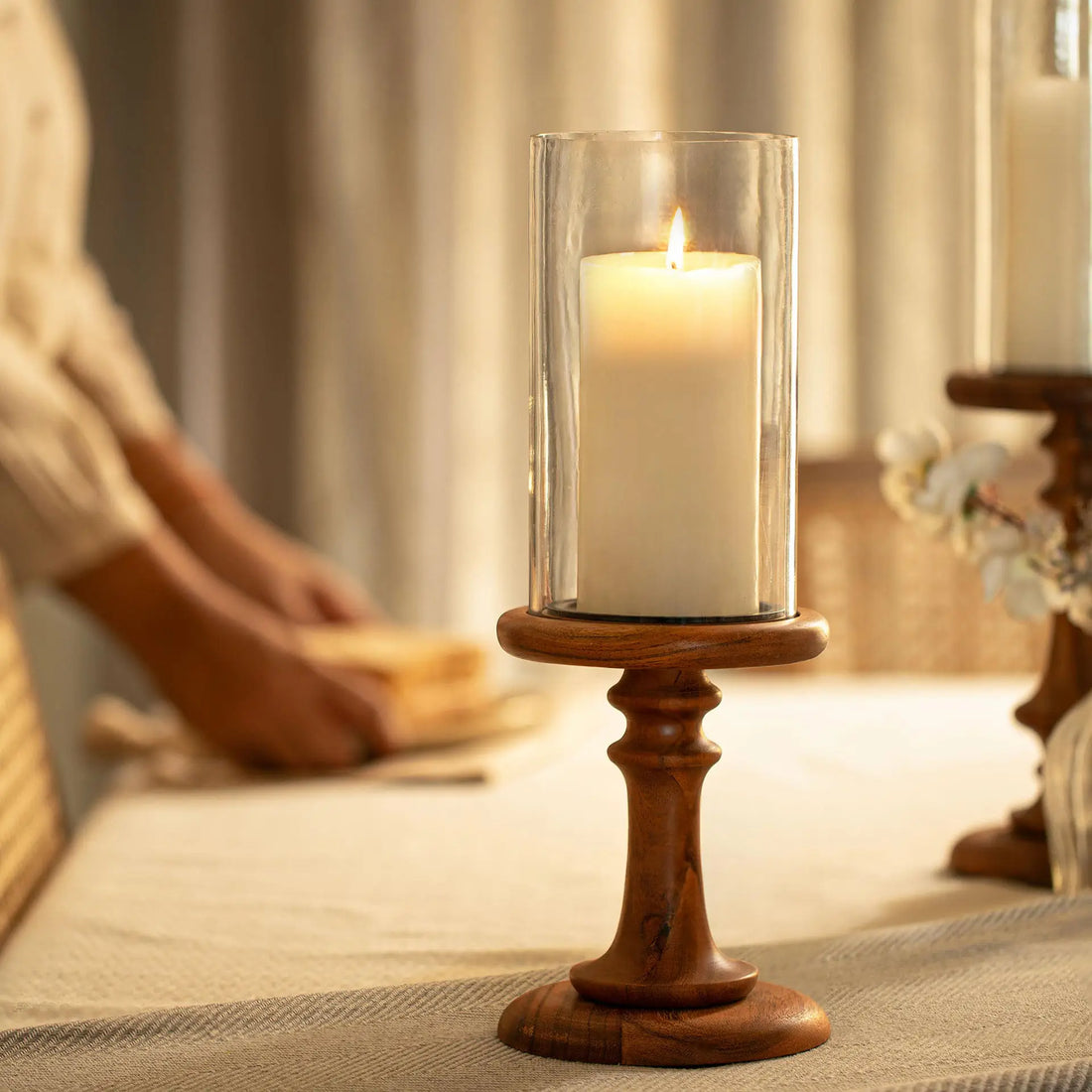 Glass &amp; Wood Pedestal Hurricane Small