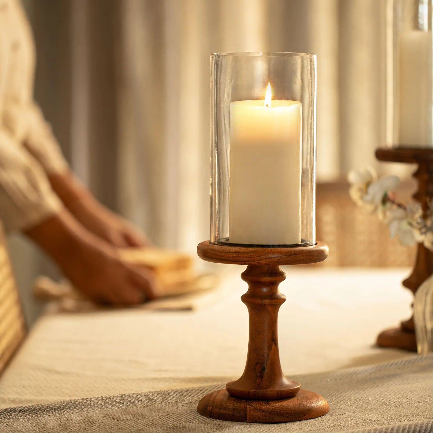 Glass &amp; Wood Pedestal Hurricane Small