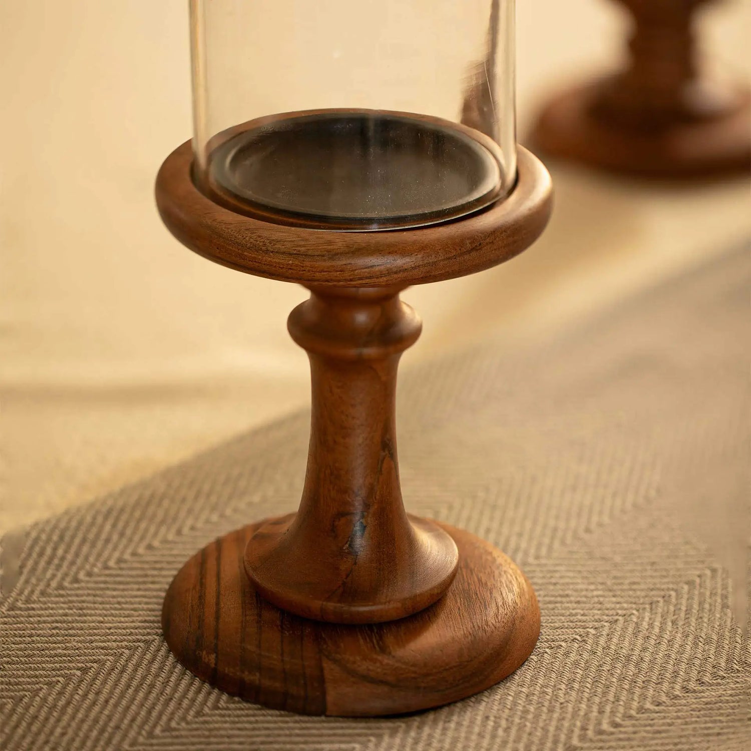 Glass &amp; Wood Pedestal Hurricane Small