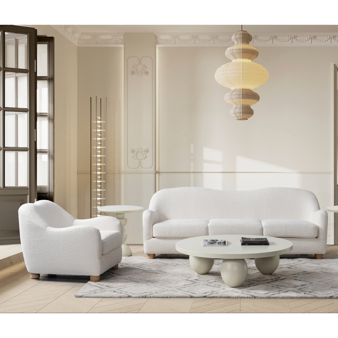 Bali Cream Bouclé Living Room Set (1 Accent Chairs)