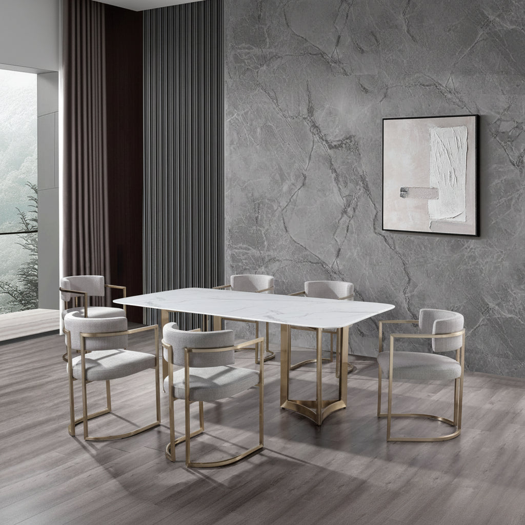 Alexa Dining Table Gold Base and 200 CM White Marble 6 Person