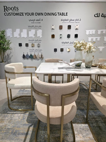 Alexa White Marble Dining Table Gold Base with 8 chairs