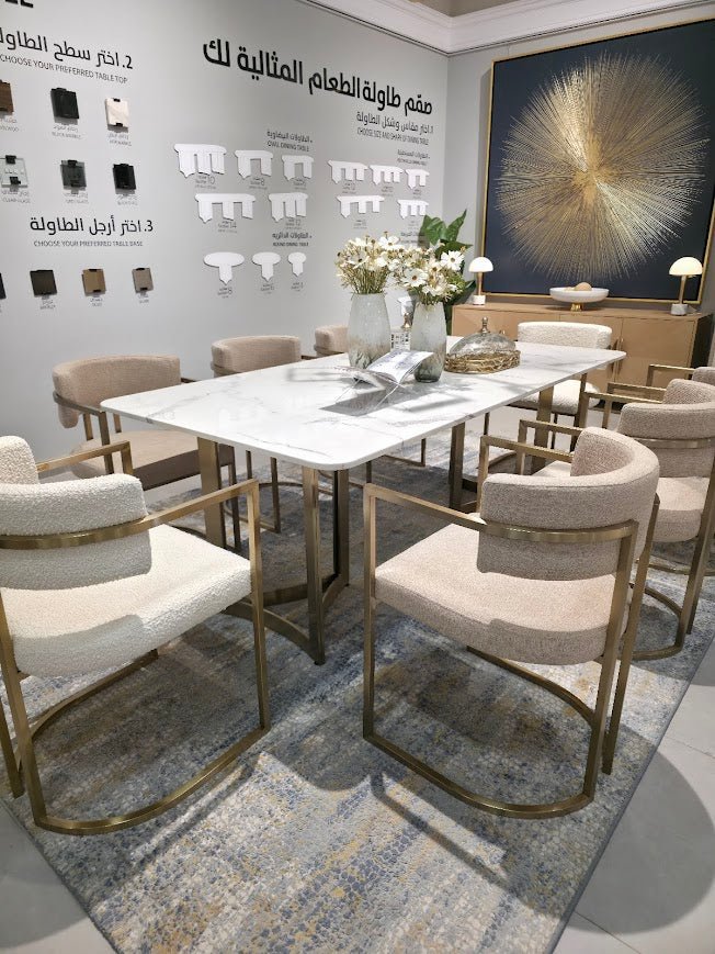 Alexa White Marble Dining Table Gold Base with 8 chairs