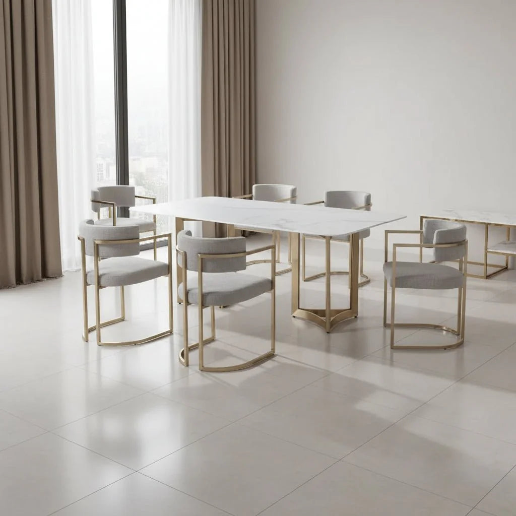Alexa White Marble Dining Table Gold Base with 8 chairs