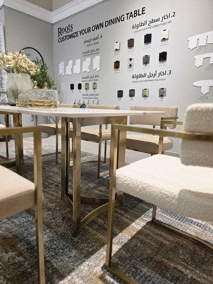 Alexa White Marble Dining Table Gold Base with 8 chairs