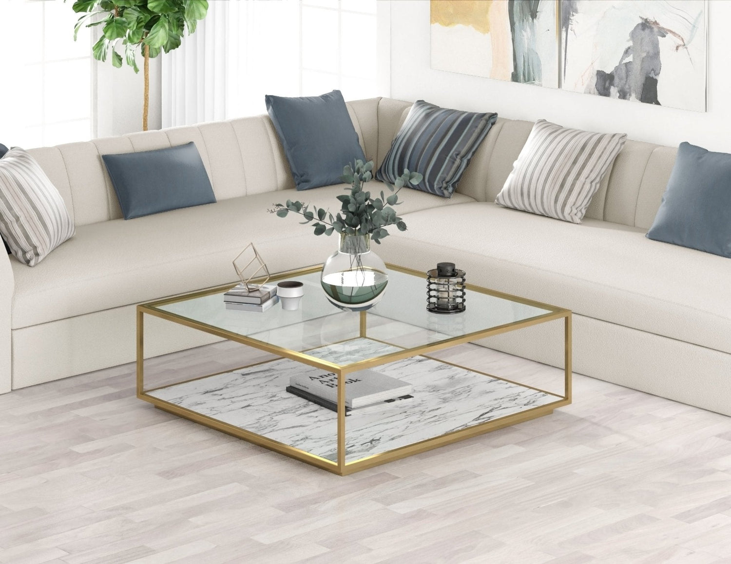 Amerah REC COFFEE TABLE - White Arabescato Gold Finish
