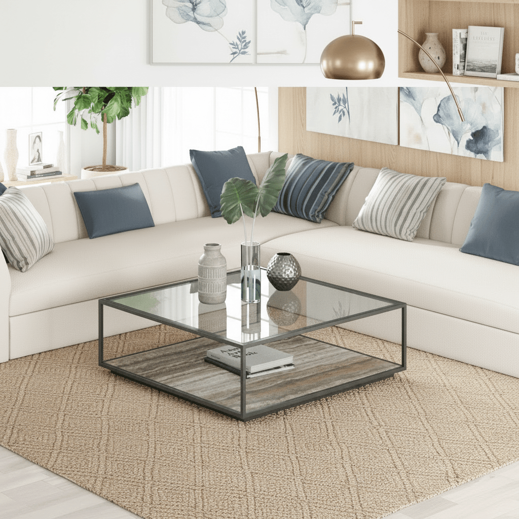 Amerah REC COFFEE TABLE - Gray Travertine Grey Finish