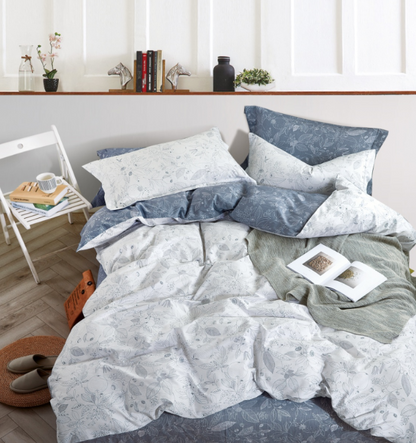 Leaf Pattern White &amp; Blue Bedding Set-KING