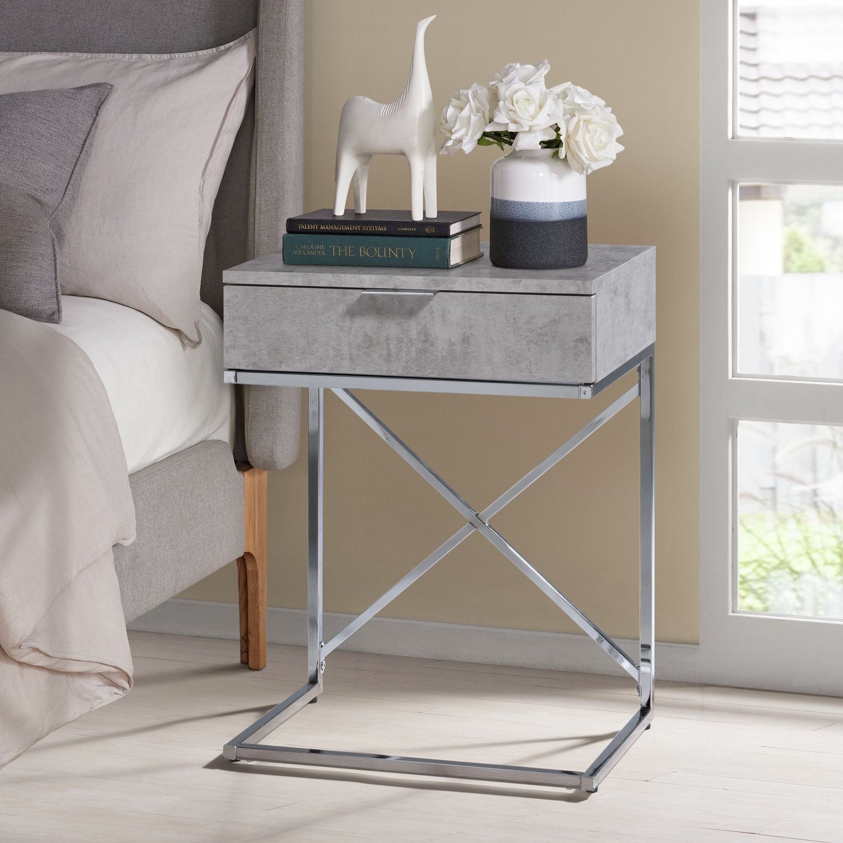 Camila Accent Nightstand with Cement Top in Chrome