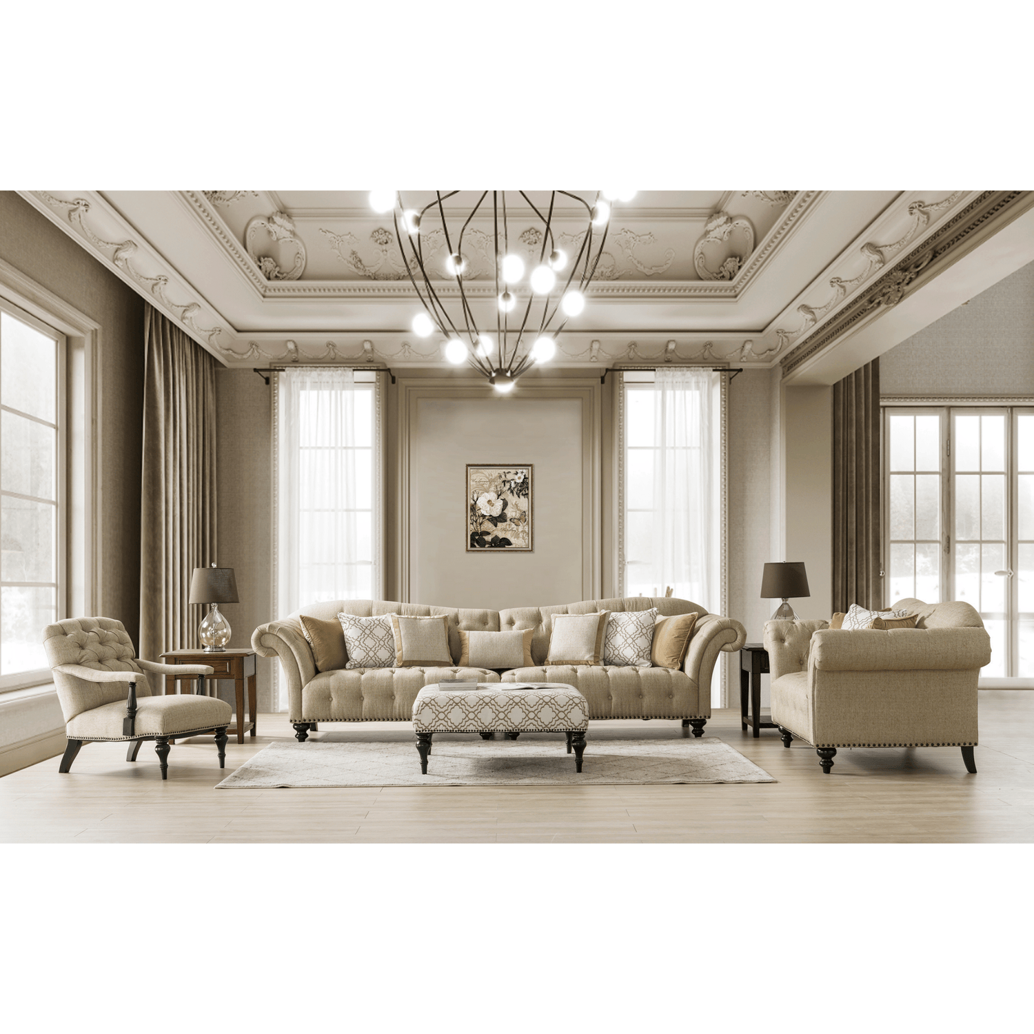 Classic Beige Patterned Ottoman