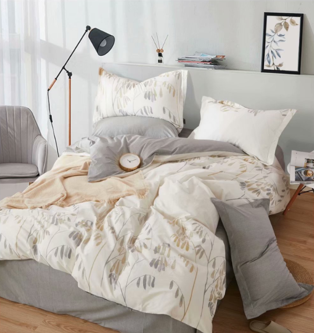 Leaf Pattern Cream &amp; Grey Bedding Set-KING
