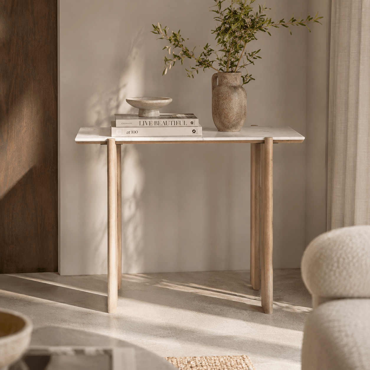 ELEN Acacia wood White Marble Console table