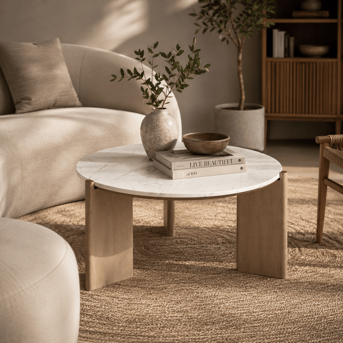 ELEN Acacia wood White Marble Round Coffee table