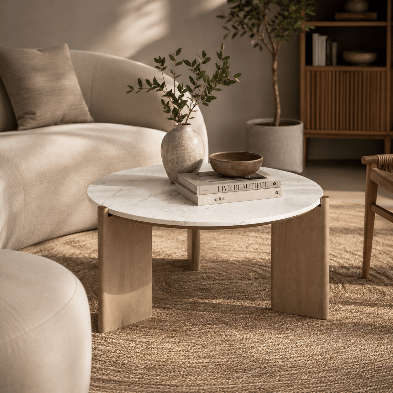 ELEN Acacia wood White Marble Round Coffee table