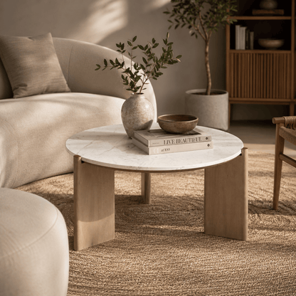 ELEN Acacia wood White Marble Round Coffee table