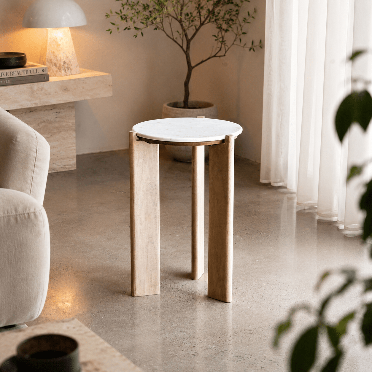 ELEN Acacia wood White Marble Side table