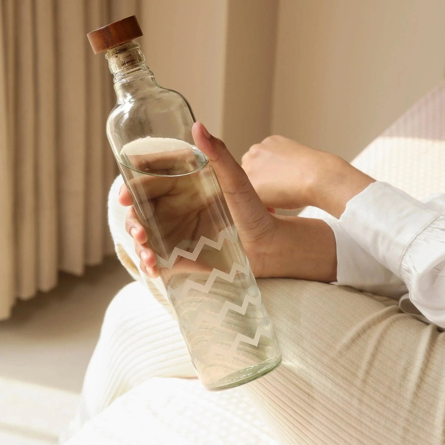 Frosted Chevron Glass Bottle W/Brown Wood Stopper
