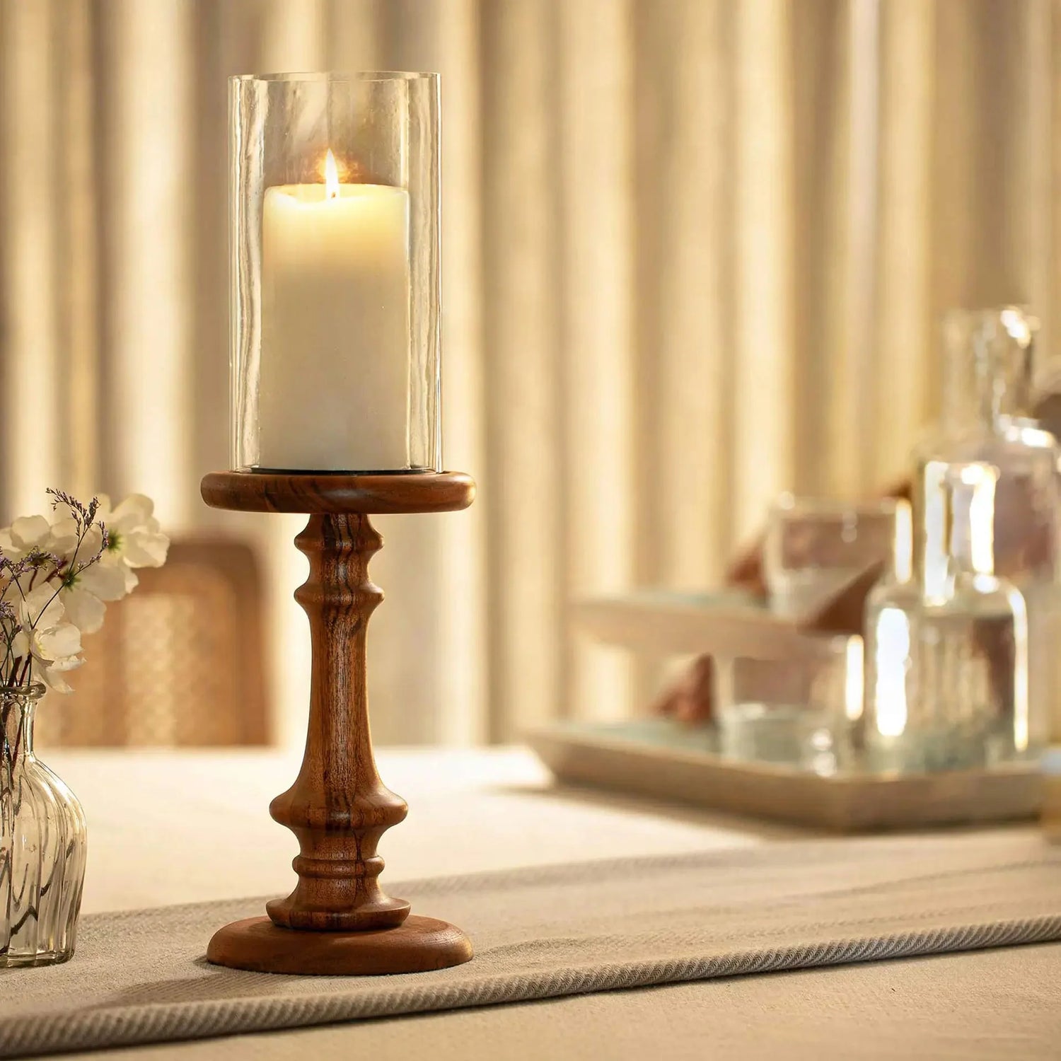 Glass &amp; Wood Pedestal Hurricane Large