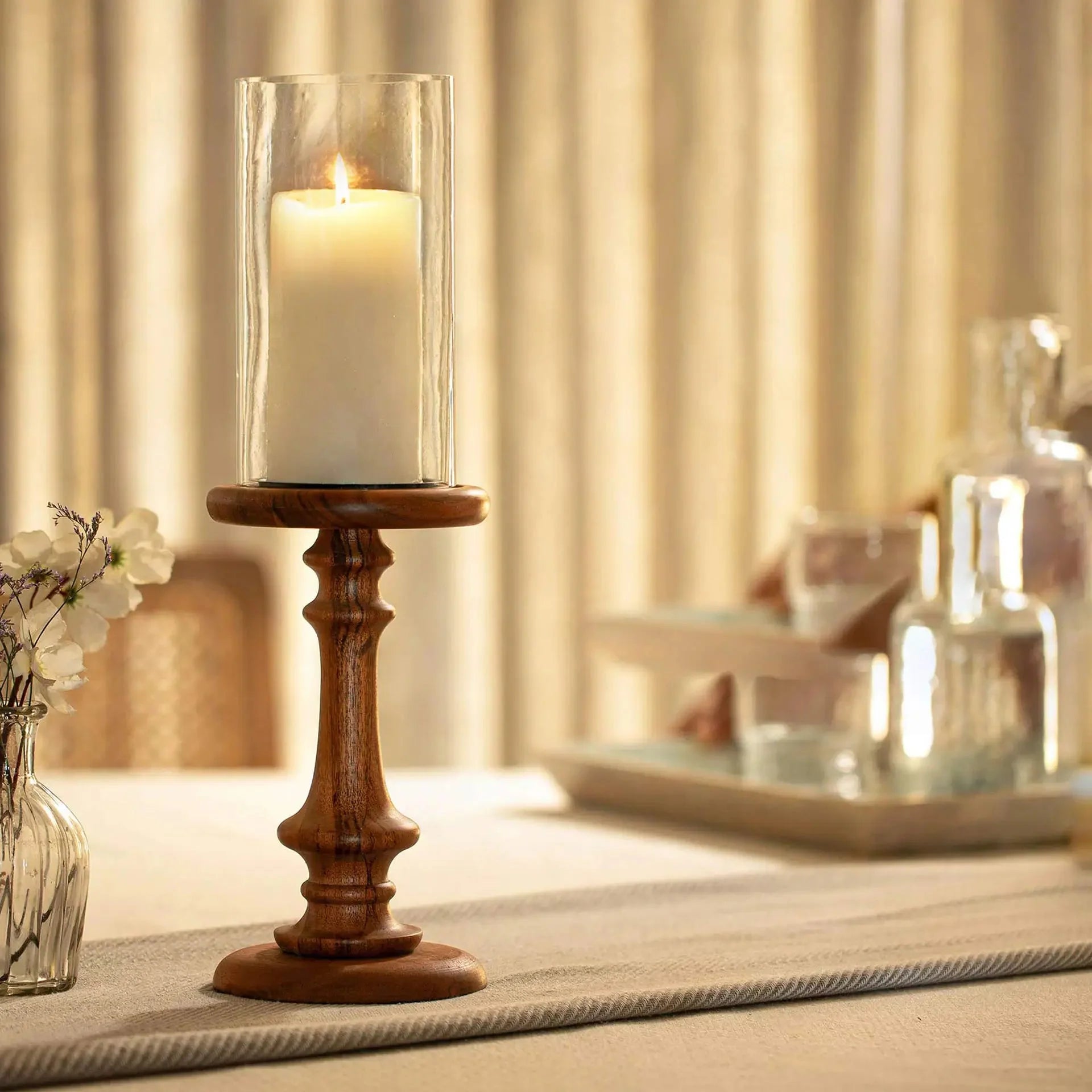 Glass &amp; Wood Pedestal Hurricane Large