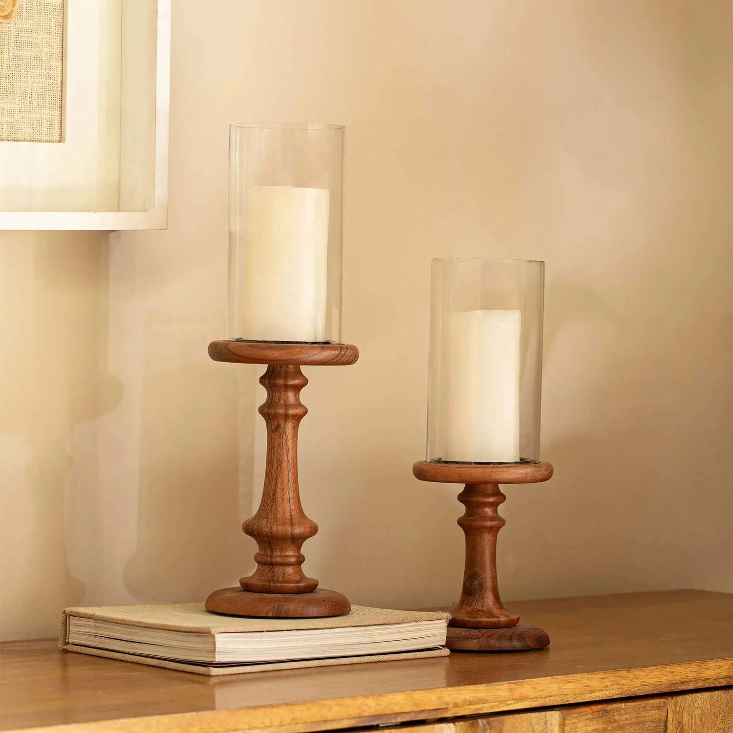 Glass &amp; Wood Pedestal Hurricane Large